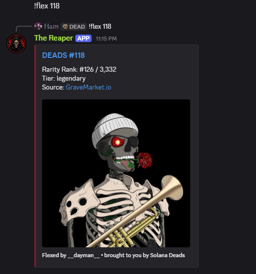 Discord screenshot of !flex 118 showing DEADS #118 with rarity rank 126 of 3,332 and legendary tier